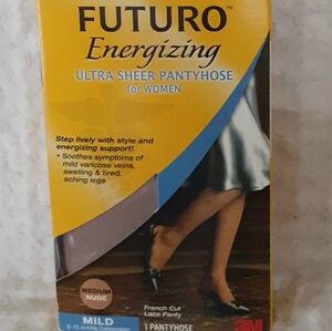 Futuro Energizing Ultra Sheer Pantyhose French Cut Lace Panty Mild Medium NUDE